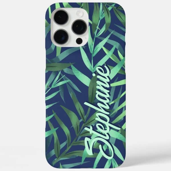 Phone Case With A Navy Blue Background And A Tropical Leaf Pattern. The Name Stephanie Is Written On The Case In Light Green.