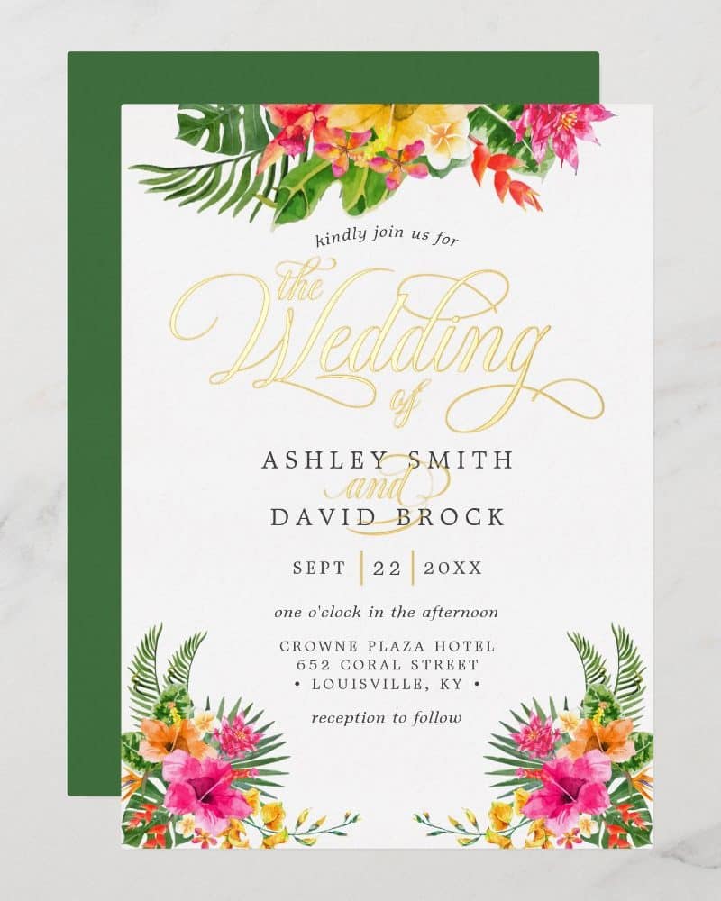 Tropical floral wedding invitation for Ashley Smith and David Brock.