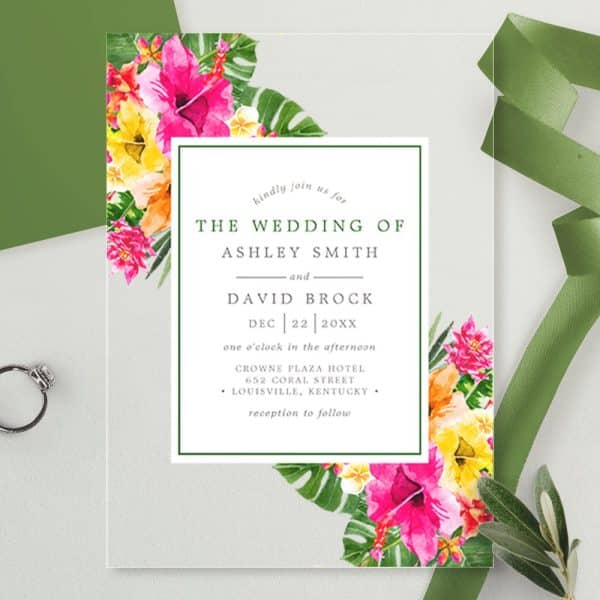 Wedding Invitation With Tropical Floral Border Announcing The Marriage Of Ashley Smith And David Brock On December 22Nd.