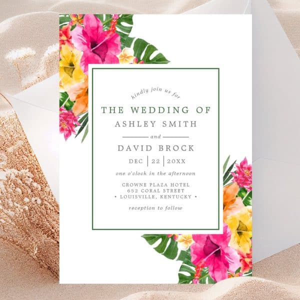 Wedding Invitation With Watercolor Hibiscus Flowers And Tropical Leaves.