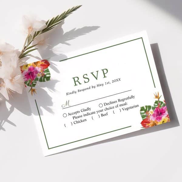 Tropical Floral Rsvp Card With Meal Choices.