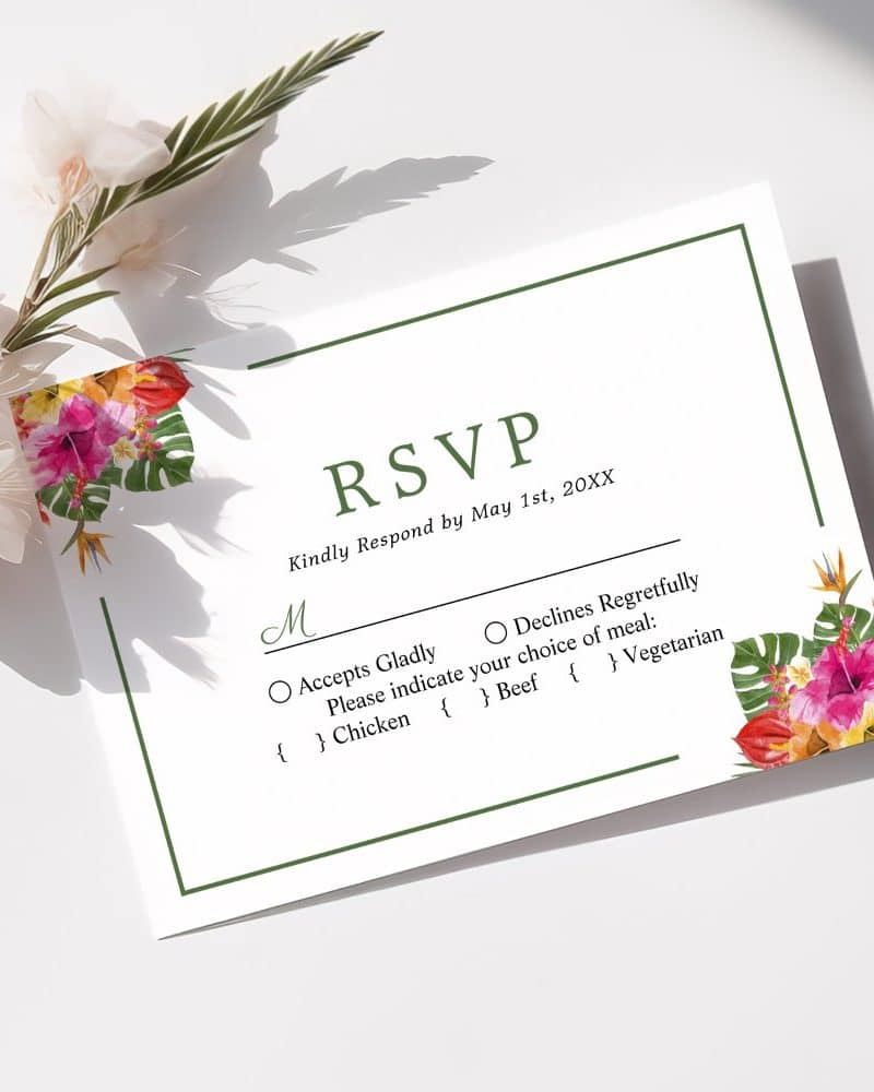 Tropical floral RSVP card with meal choices.