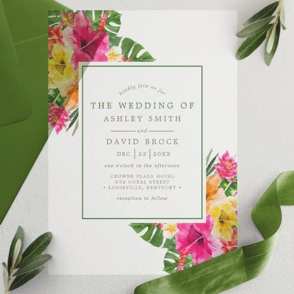 Wedding Invitation With Watercolor Hibiscus Flowers And Tropical Leaves.