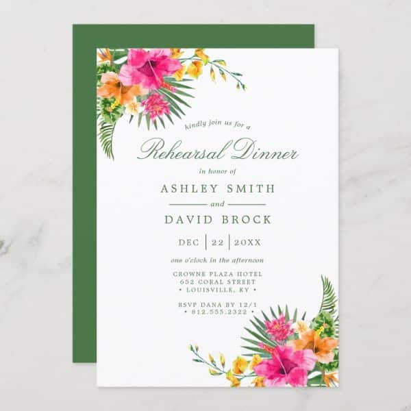 Tropical Floral Rehearsal Dinner Invitation For Ashley Smith And David Brock.
