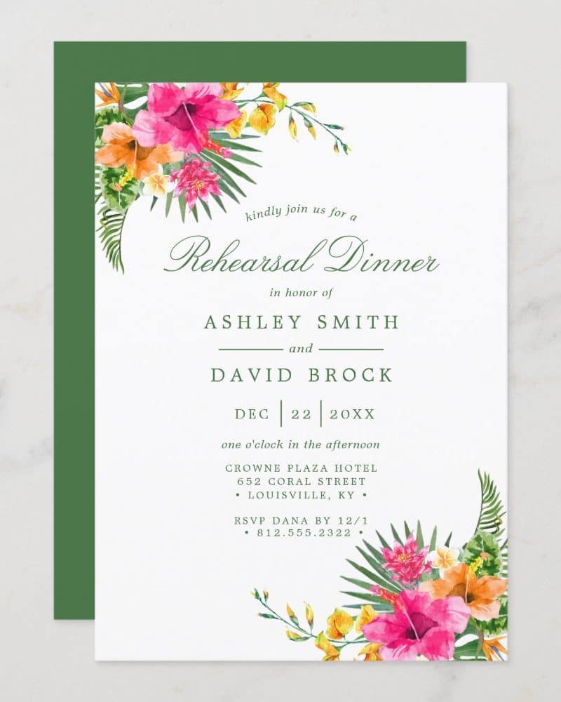 Tropical Floral Rehearsal Dinner Invitation For Ashley Smith And David Brock.