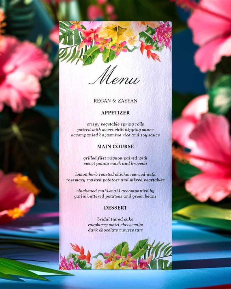 Tropical Hibiscus Floral Palms Wedding Menu