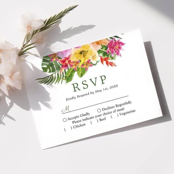 Wedding Rsvp Card With Tropical Floral Design.