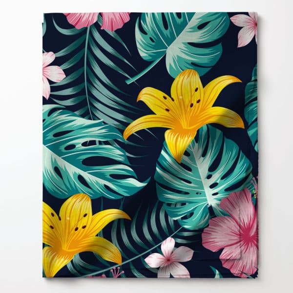 Tropical Fabric With Large Yellow Lilies And Monstera Leaves On A Dark Blue Background.