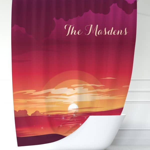 Shower Curtain Depicting A Sunset Over Water; The Name Madsens Is Printed At The Top.