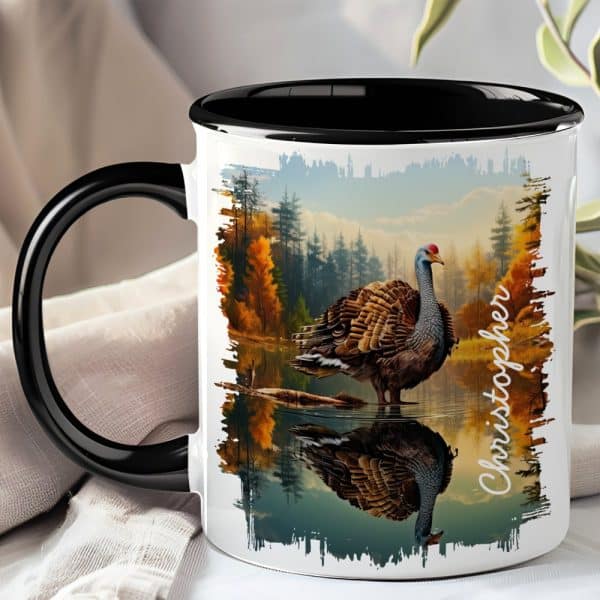 Black-Handled Mug With A Colorful Image Of A Turkey Reflected In A Calm Body Of Water, Set Against An Autumnal Forest Backdrop. The Name Christopher Is Visible On The Mug.