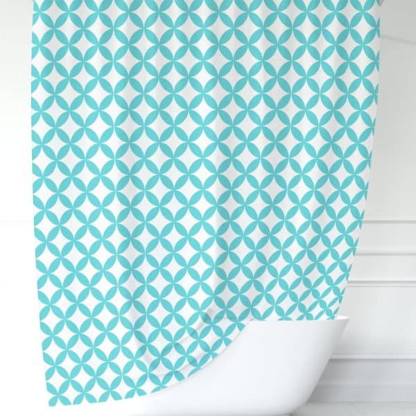 Teal And White Geometric Patterned Shower Curtain.