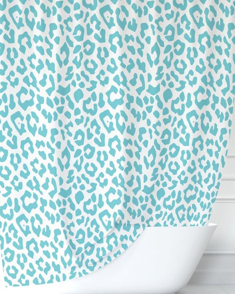 Aqua blue leopard print shower curtain.