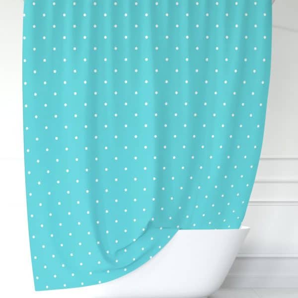 Teal Shower Curtain With White Polka Dots.