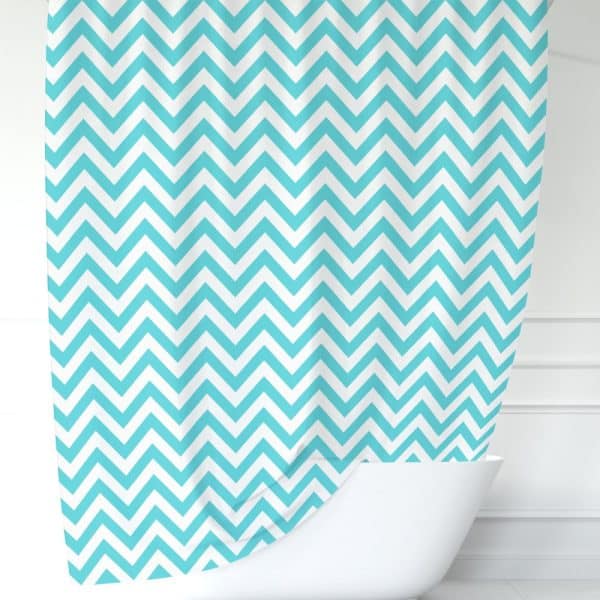 Teal And White Chevron Patterned Shower Curtain.