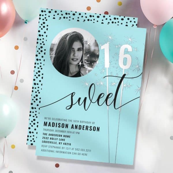 Sweet Sixteen Birthday Invitation With A Photo Of The Birthday Girl And The Number Sixteen Depicted As Sparklers.