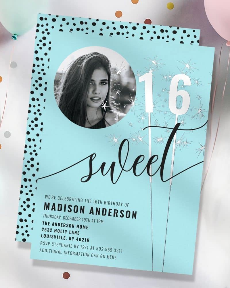 Sweet sixteen birthday invitation with a photo of the birthday girl and the number sixteen depicted as sparklers.