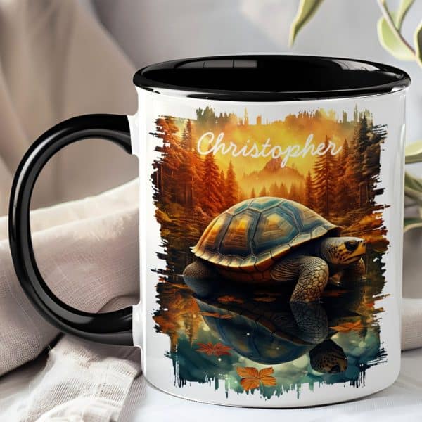 Black-Handled Mug With A Personalized Name, Christopher, And A Detailed Image Of A Tortoise Reflected In Calm Water At Sunset.