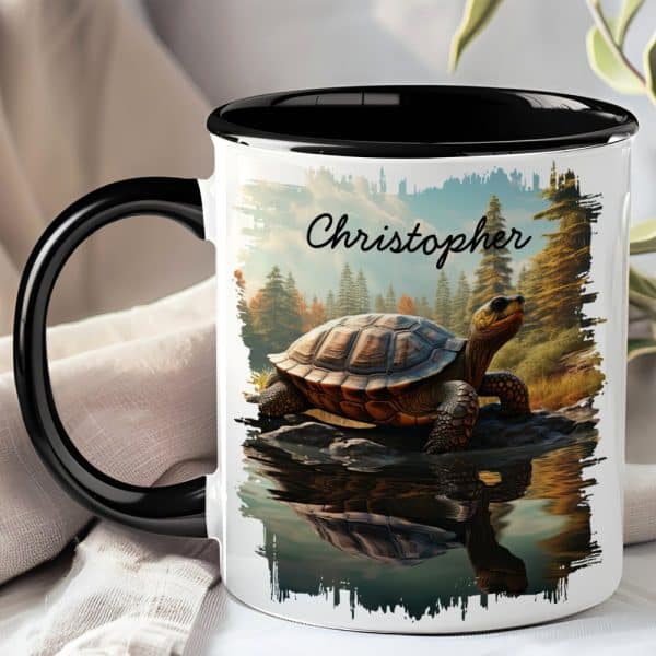 Black-Handled Mug With A Personalized Name, Christopher, And A Large Image Of A Tortoise By A Pond.
