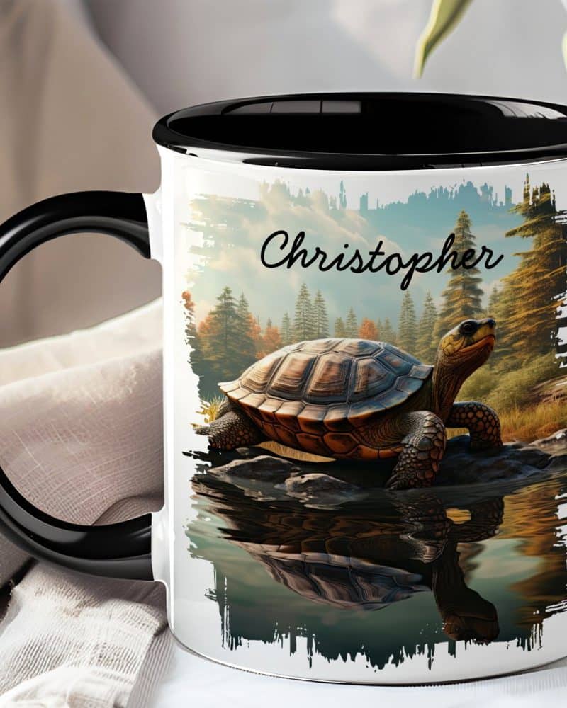 Black-handled mug with a personalized name, Christopher, and a large image of a tortoise by a pond.