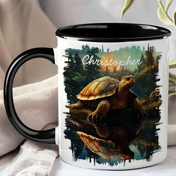 Black-Handled Mug With A Whimsical Illustration Of A Turtle By A Reflective Body Of Water, Personalized With The Name Christopher.