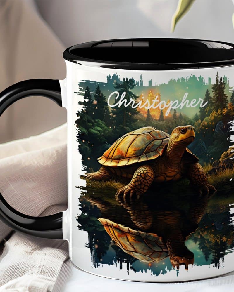 Black-handled mug with a whimsical illustration of a turtle by a reflective body of water, personalized with the name Christopher.