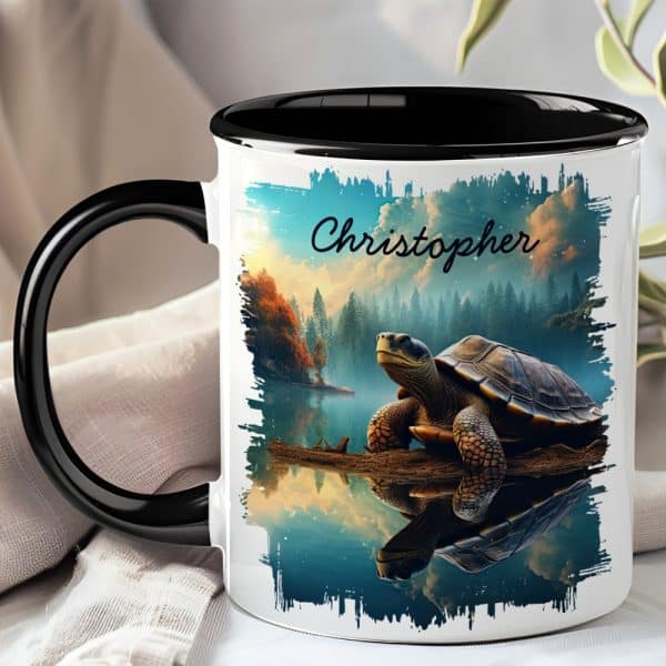 Black-Handled Mug With A Personalized Name, Christopher, And A Serene Image Of A Turtle By A Lake In A Forest.