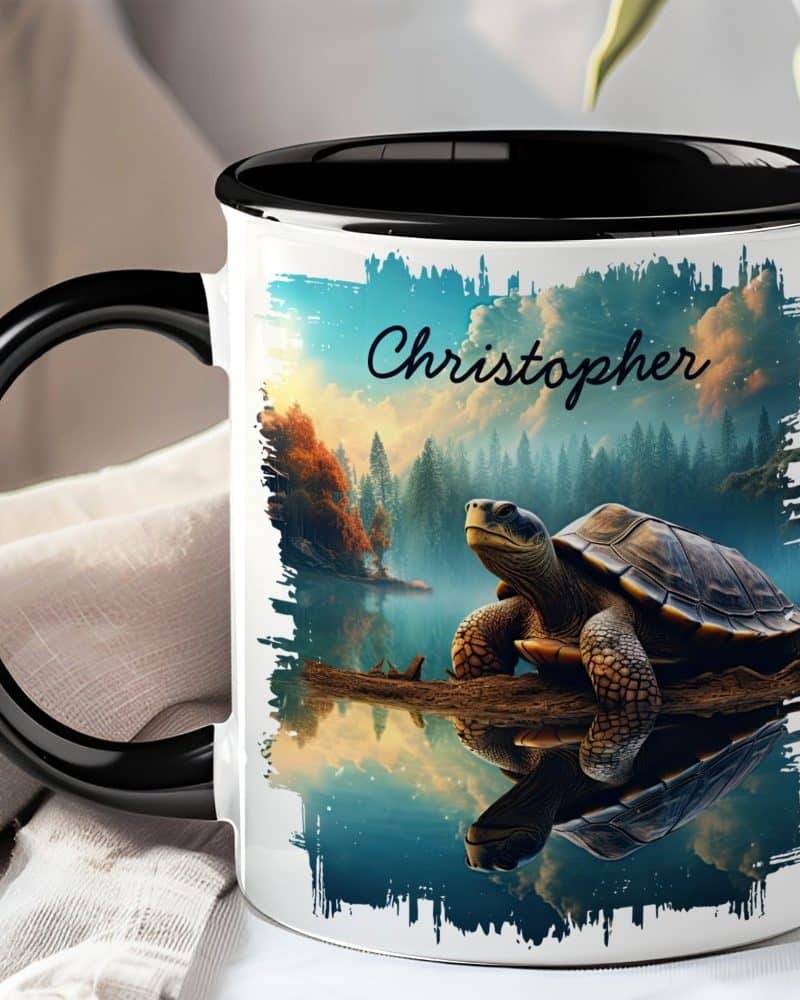 Black-handled mug with a personalized name, Christopher, and a serene image of a turtle by a lake in a forest.