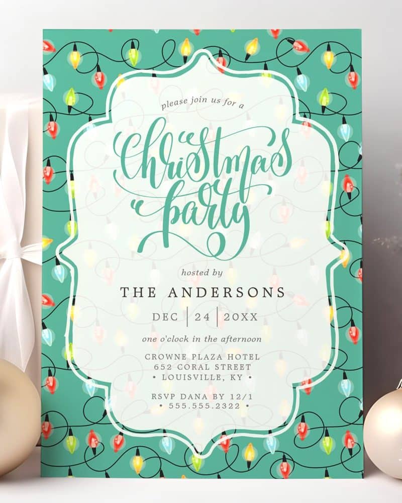 Teal Christmas party invitation with string lights border and elegant calligraphy.