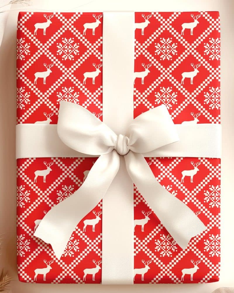 Red gift box with white ribbon and reindeer pattern.