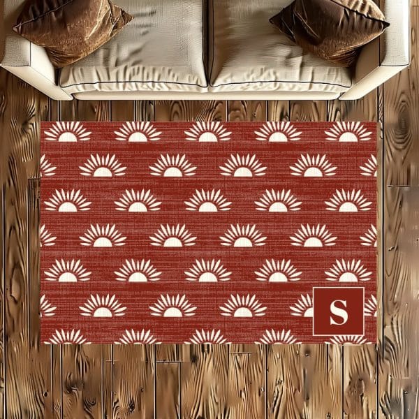 Red Rug With A Repeating Pattern Of White Suns, And A Small Letter S In The Bottom Right Corner.