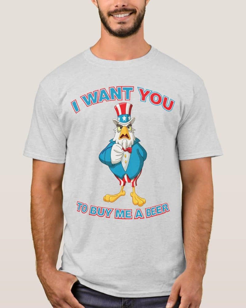 Man wearing a light gray t-shirt featuring a cartoon Uncle Sam eagle demanding a beer.