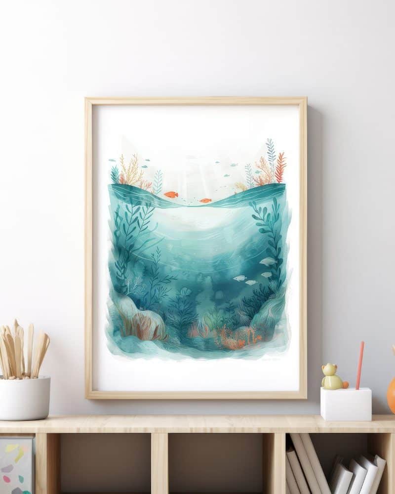 Framed illustration of an underwater scene with coral, seaweed, and fish.