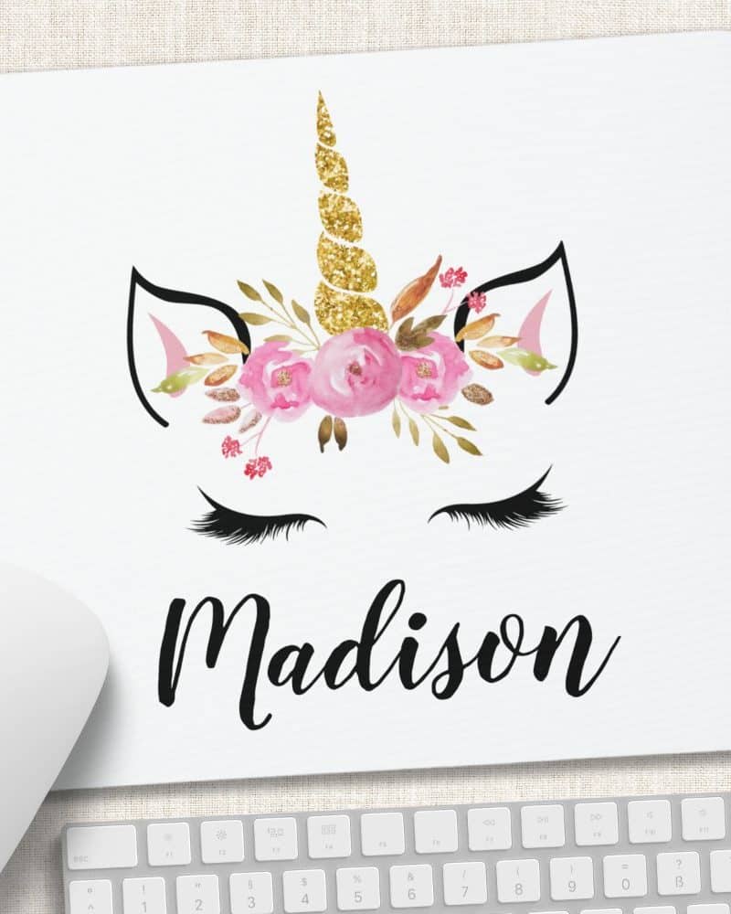 Mousepad with a floral unicorn design and the name Madison.
