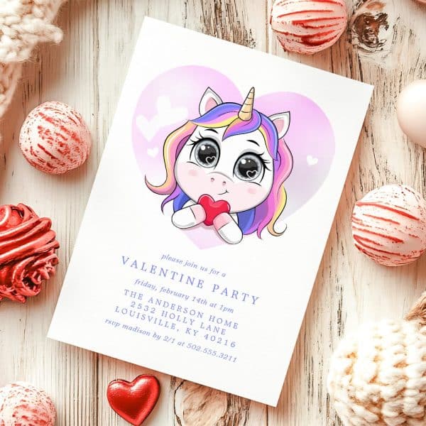 A Cute Unicorn Holding A Heart, On A Valentine'S Day Party Invitation.