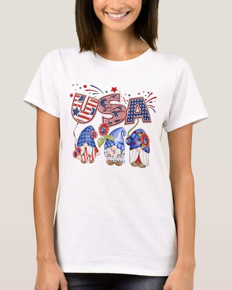 White t-shirt featuring three patriotic gnomes and the word USA.