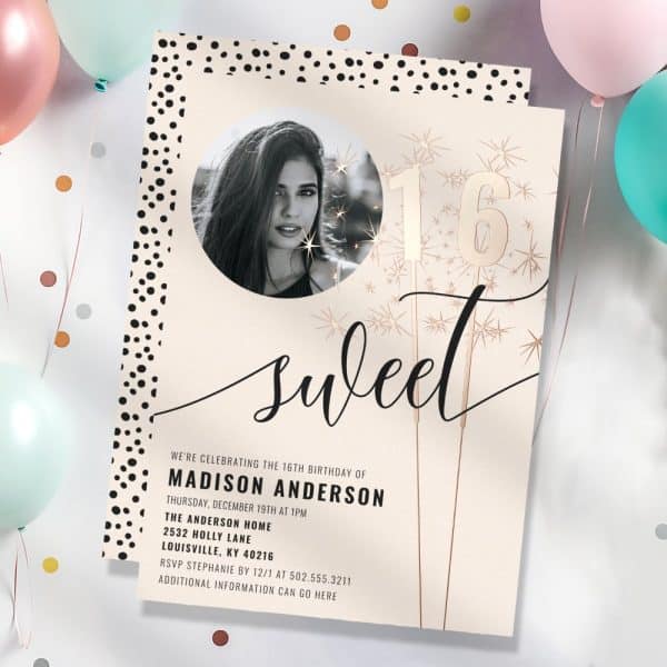 Sweet Sixteen Birthday Invitation With A Photo Of The Birthday Girl And Gold Sixteen Sparklers.