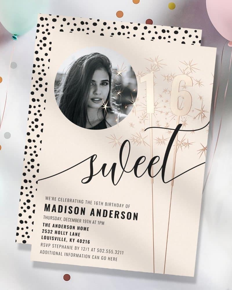 Sweet sixteen birthday invitation with a photo of the birthday girl and gold sixteen sparklers.