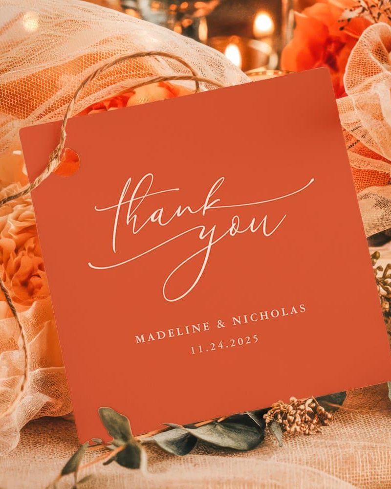 Burnt orange thank you card with Madeline & Nicholas's wedding date, November 24, 2025.