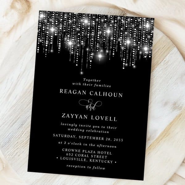 Black Wedding Invitation With Silver Glitter Detailing.