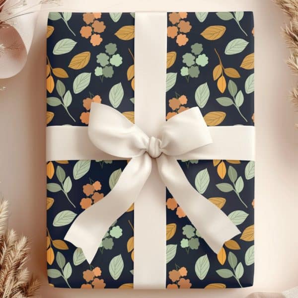 Gift Box With A Dark Background Floral Pattern And Cream-Colored Ribbon.