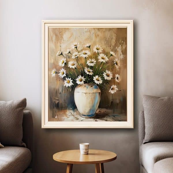 Framed Painting Of A Bouquet Of Daisies In A Vase.