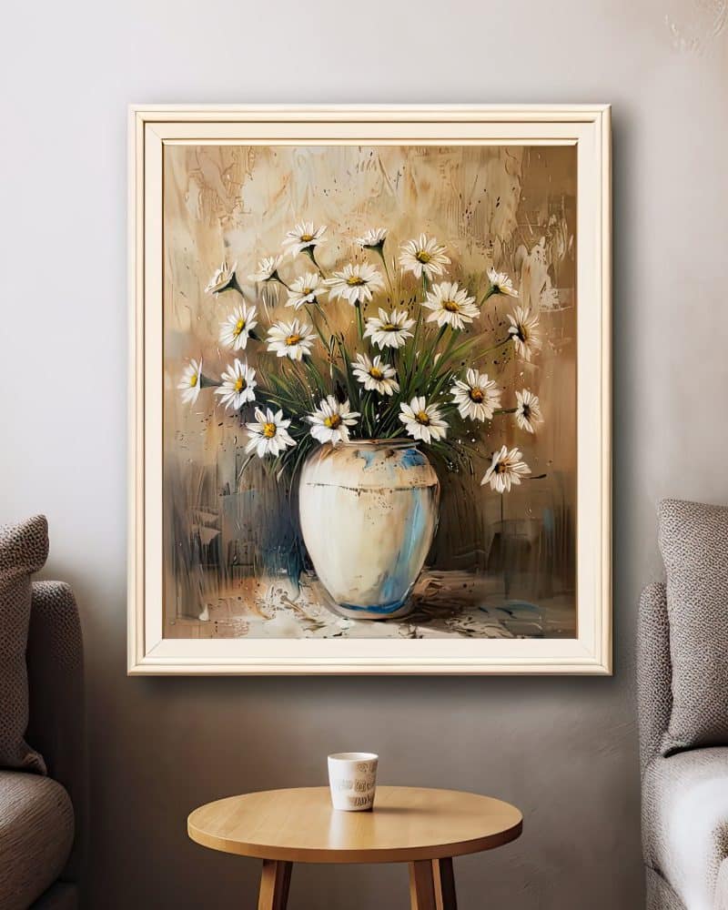 Framed painting of a bouquet of daisies in a vase.