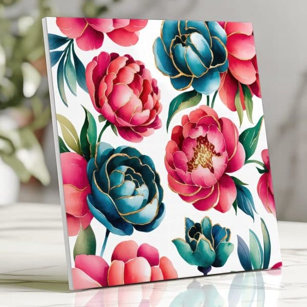 Square Print Of Pink And Teal Peonies With Gold Accents.