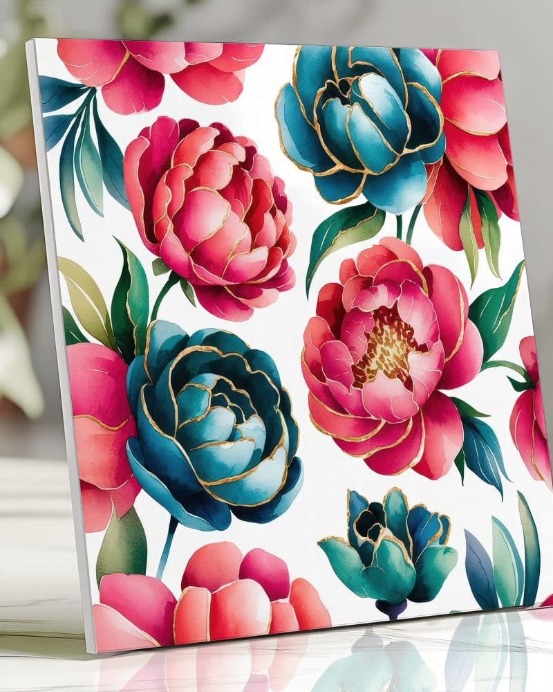Square print of pink and teal peonies with gold accents.