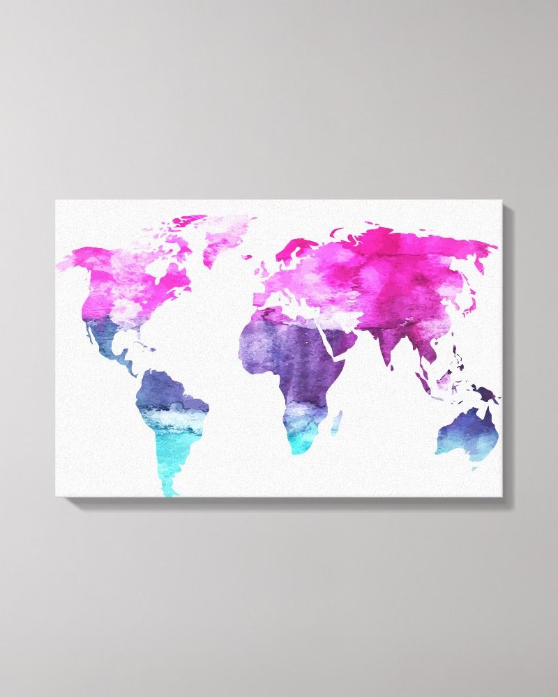 Watercolor world map in shades of pink, purple, and teal.