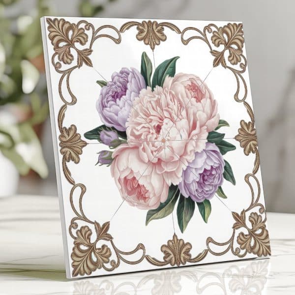 Square Tile Featuring A Floral Bouquet Of Pink And Purple Peonies, Accented By An Ornate Gold Frame.