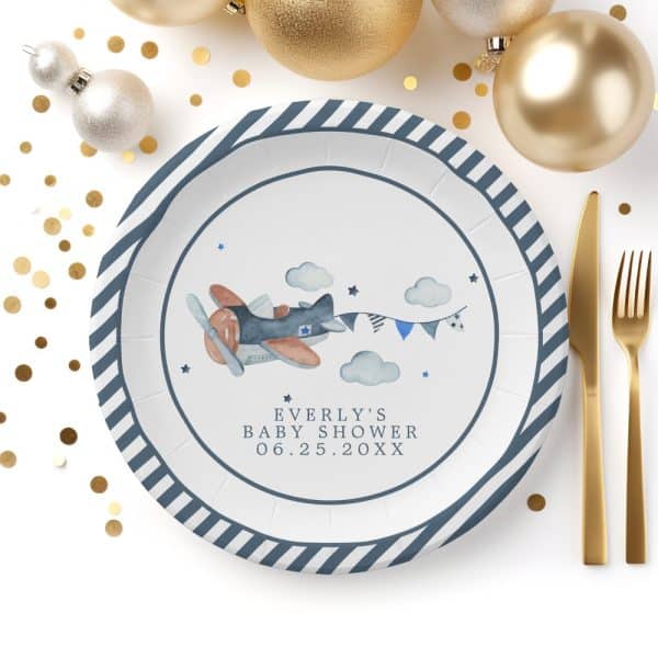 Vintage Airplane Clouds Baby Shower Paper Plate