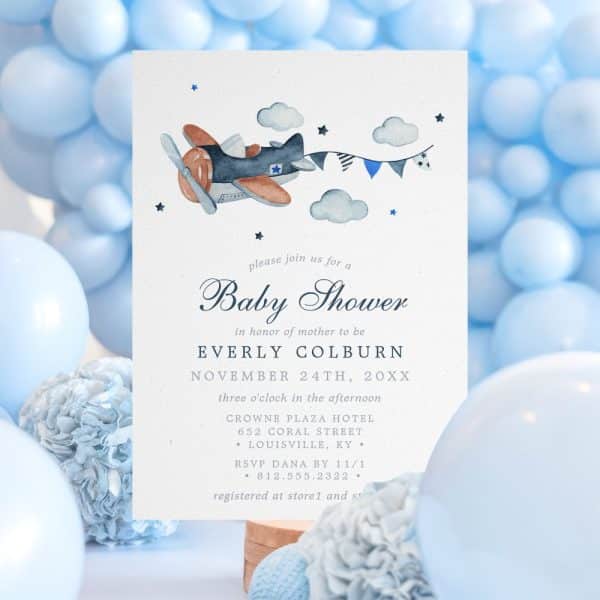 Baby Shower Invitation Featuring A Watercolor Airplane And Clouds. The Invitation Includes The Honoree'S Name, Date, Time, And Location.