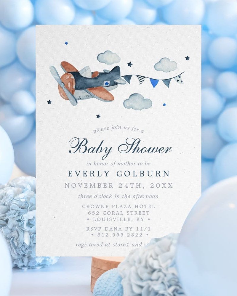 Baby shower invitation featuring a watercolor airplane and clouds. The invitation includes the honoree's name, date, time, and location.