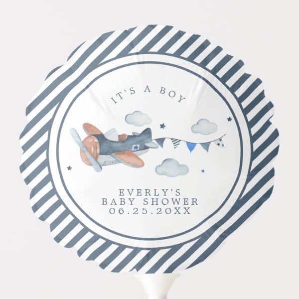A Blue And White Striped Balloon Featuring A Watercolor Airplane And The Text It'S A Boy, Everly'S Baby Shower, And A Date.